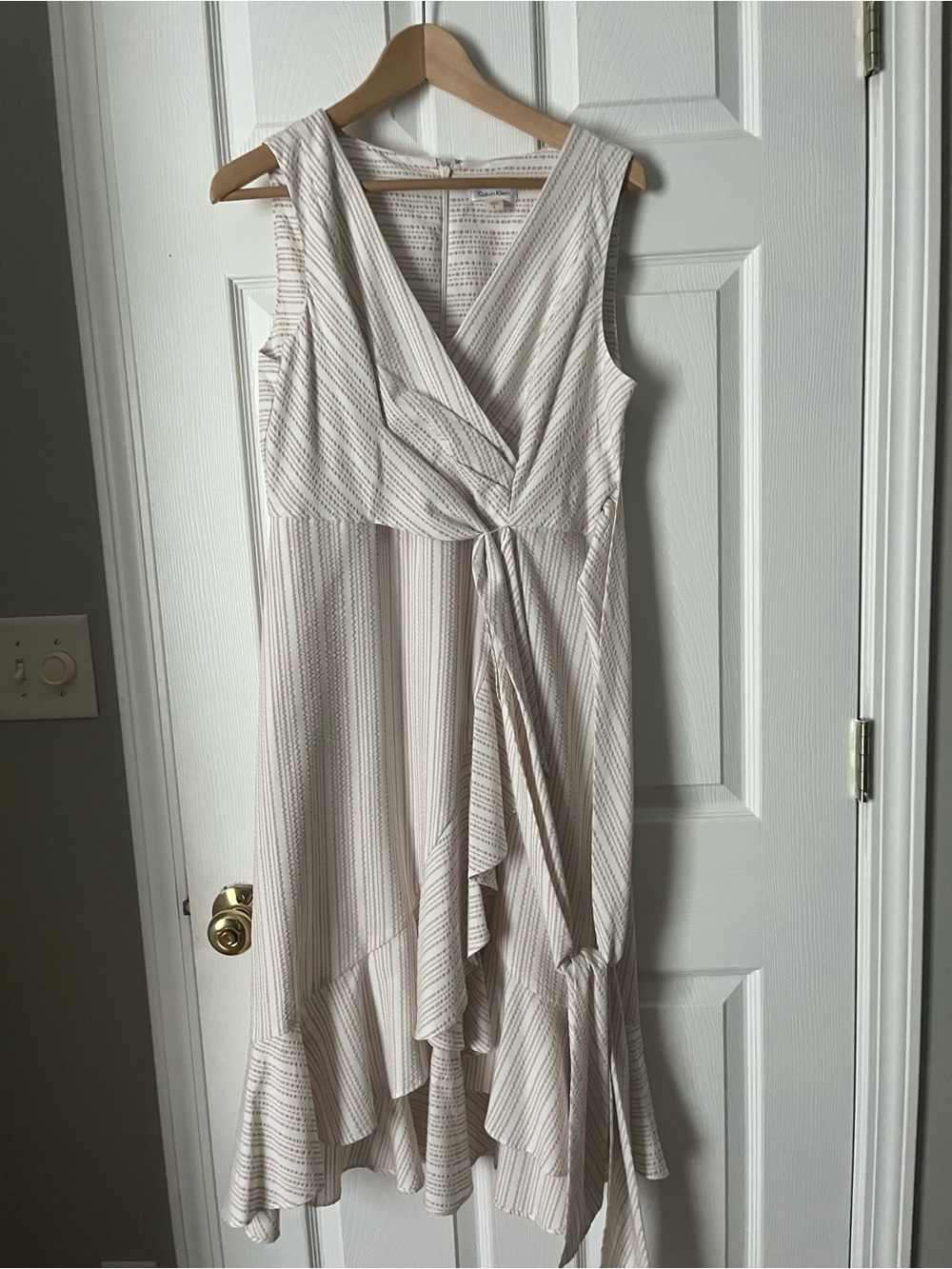 Calvin Klein Cream Striped Wrap Midi Dress with Ruffle Detail